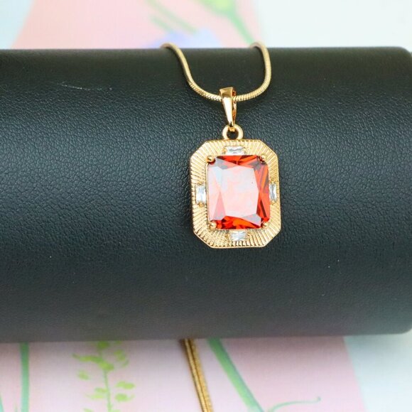 "Red Rectangle Pendant with Gold Frame and Sparkling Stone Accents, XPPT1787 - Picture 4 of 12